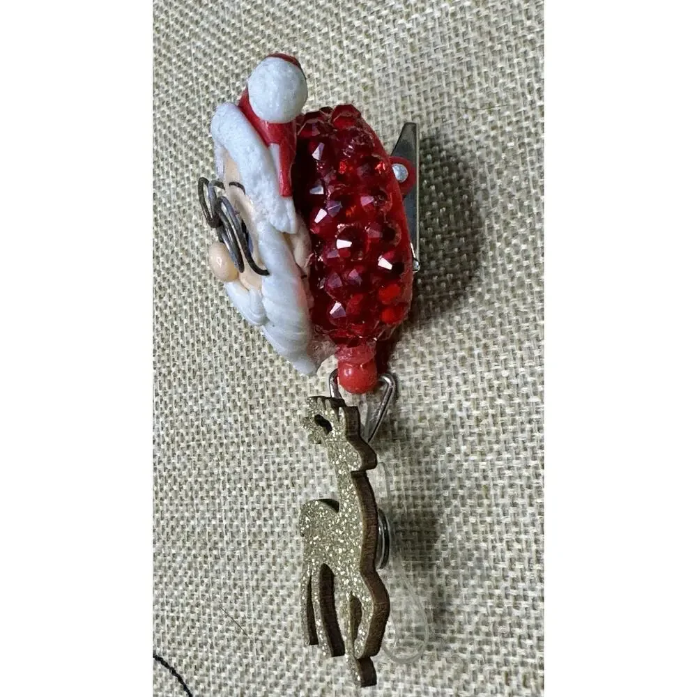 Santa With Glasses Handmade Badge Reel With Red Rhinestones On Alligator Clip